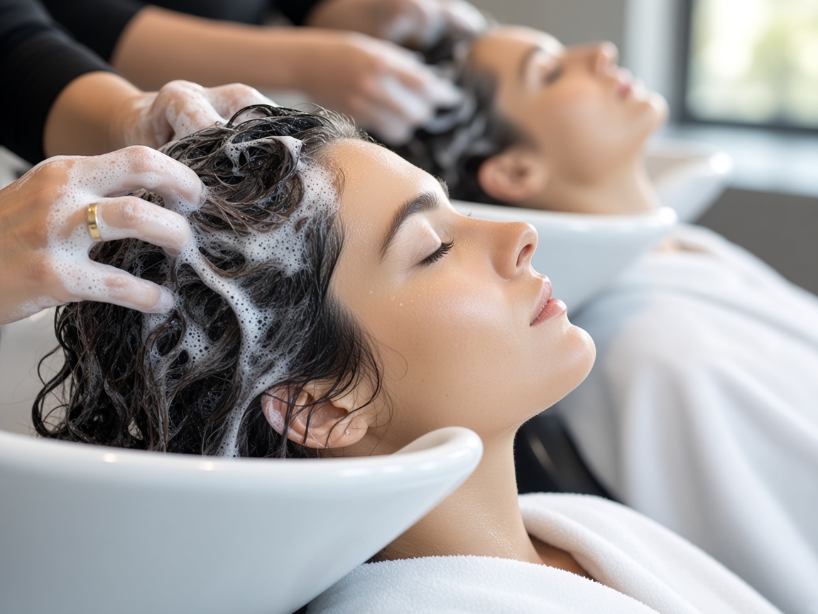 Hair being washed with shampoo